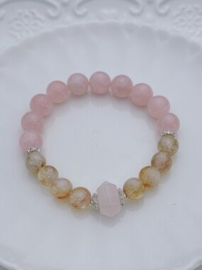 GB86 Handmade Rose Quartz Citrine Stretchable Bracelet 7” 9-10mm